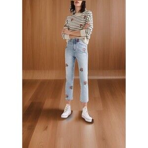 Desigual Womens Embroidered Flower Cropped Denim Jeans Size 38 Light Blue
